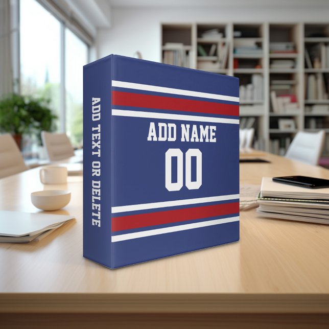 Blue Red Football Jersey Custom Name Number 3 Ring Binder (Personalized 3-ring binder - sports theme with area for name and custom text)