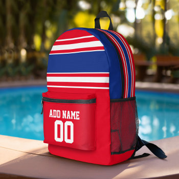 Blue Red Football Jersey Custom Name Number Printed Backpack by MyRazzleDazzle at Zazzle