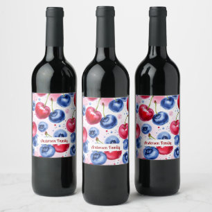 Blue Red Fruit Berry Cherry Watercolor Pattern Wine Label
