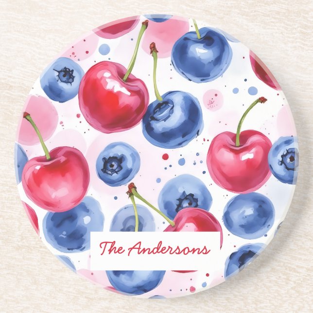 Blue Red Fruit Cherry Berry Sandstone Coaster (Front)