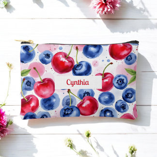 Blue Red Fruit Food Pattern Berry Cherry Accessory Pouch