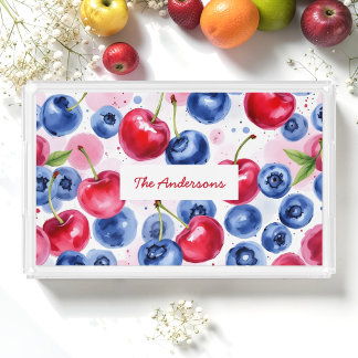 Blue Red Fruit Food Pattern Berry Cherry Acrylic Tray