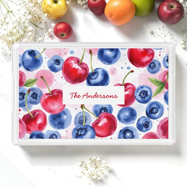 Blue Red Fruit Food Pattern Berry Cherry Acrylic Tray (Creator Uploaded)
