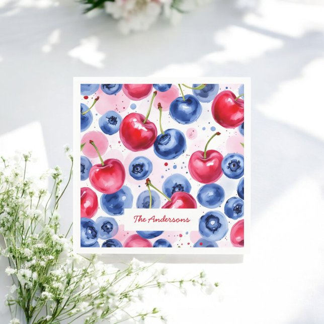 Blue Red Fruit Food Watercolor Berry Cherry Napkins (Creator Uploaded)