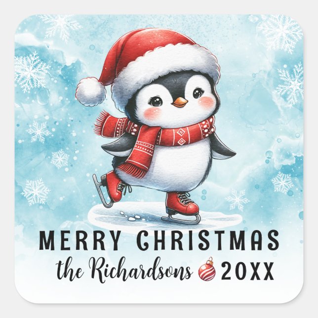 Blue Red Fun Penguin Ice Skater Merry Christmas Square Sticker (Front)