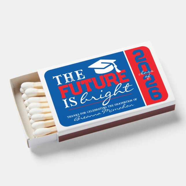 Blue & Red Future is Bright Graduation Favor Matchboxes (Front Open)
