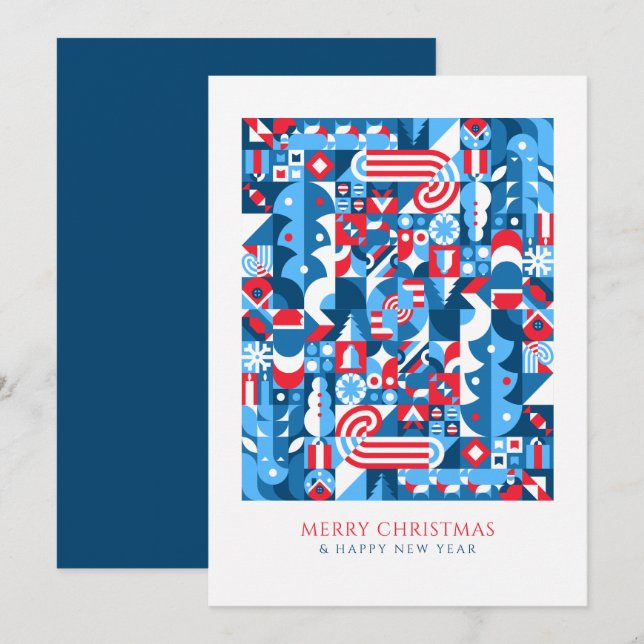 Blue red geometric christmas  holiday card (Front/Back)