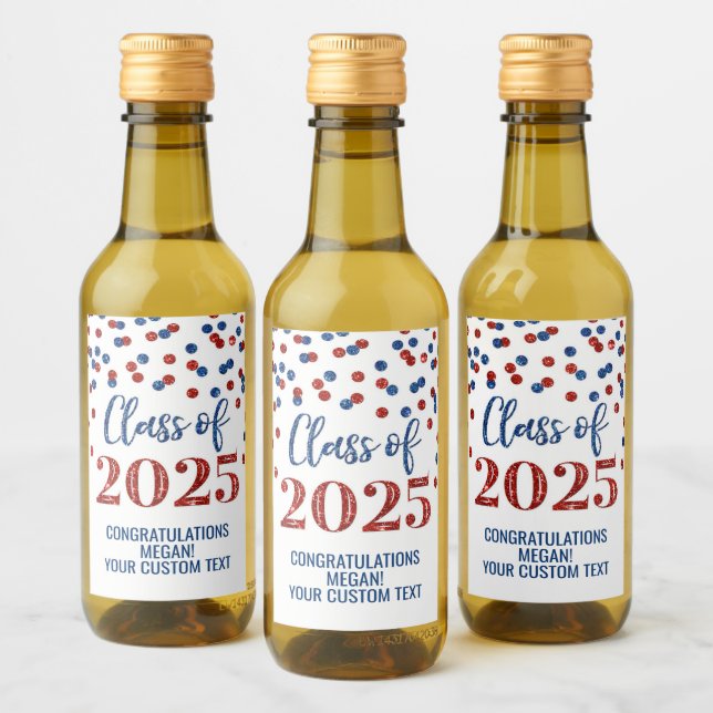 Blue Red Glitter Class of 2025 Graduation Wine Label (Bottles)