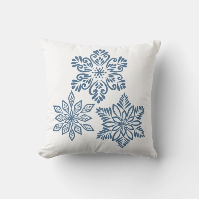 Blue Red Glitter Snowflakes White Christmas Throw Pillow (Front)