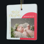 Blue, Red & Gold Baby First Christmas Photo Cerami Ceramic Ornament<br><div class="desc">Celebrate the season with this stylish Christmas photo ornament. This design features modern gold lettering "Our First Christmas" with geometric color blocks(Light blue & Red). You can add your photo and personalize the text. More holiday gifts and cards are available at my shop BaraBomDesign.</div>