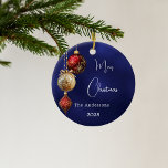 Blue red gold baubles Christmas Ceramic Ornament<br><div class="desc">An navy blue uneven colored background. Decorated with red and gold baubles.  Personalize and add your name,  year.  Text: Merry Christmas</div>