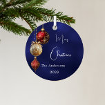 Blue red gold baubles Christmas Metal Ornament<br><div class="desc">An navy blue uneven colored background. Decorated with red and gold baubles.  Personalize and add your name,  year.  Text: Merry Christmas</div>