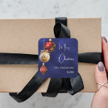 Blue red gold baubles Christmas Square Sticker<br><div class="desc">For a Christmas party favors or gift wrapping. An navy blue uneven colored background. Decorated with red and gold baubles.  Personalize and add your name,  year.  Text: Merry Christmas</div>