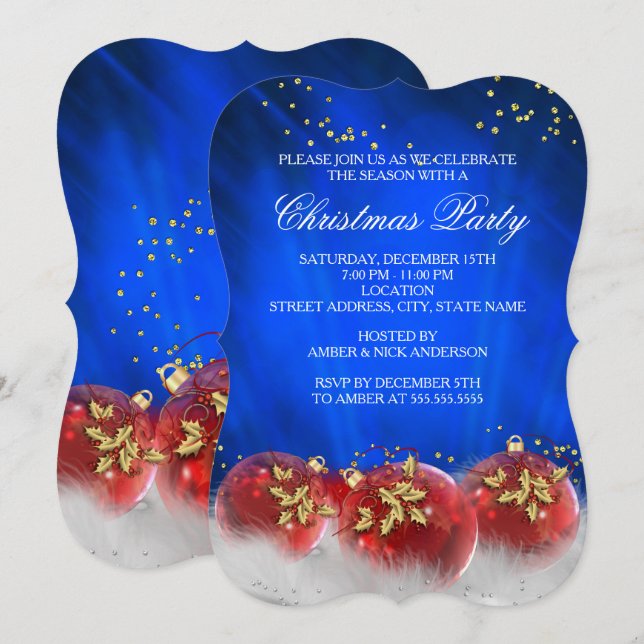 Blue Red Gold Baubles White Christmas Party Invitation (Front/Back)