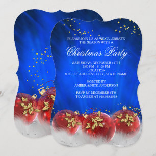 Blue Red Gold Baubles White Christmas Party Invitation