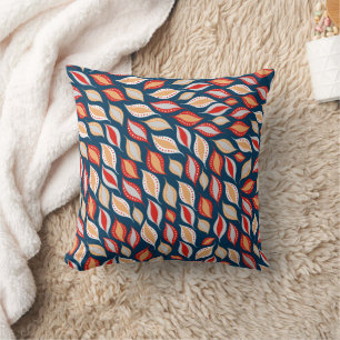 Blue Red Gold Boho Style Leaves Pattern Throw Pillow