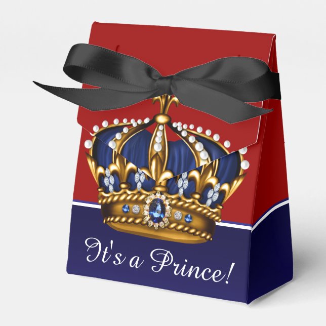 Blue Red Gold Crown Little Prince Boy Baby Shower Favor Boxes (Front Side)