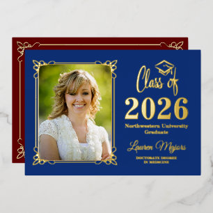 Blue, Red Gold FOIL Class of 2026 Photo Graduation Invitation