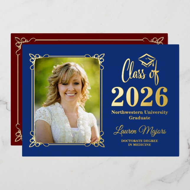 Blue, Red Gold FOIL Class of 2026 Photo Graduation Invitation (Front/Back)
