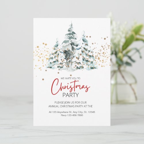 Blue Red Gold Watercolor Christmas Tree Invitation