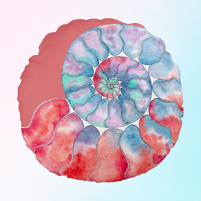 Blue Red Gray Nautilus on Coral Round Pillow (Creator Uploaded)