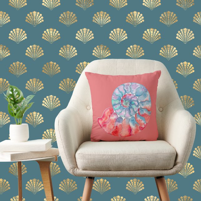 Blue Red Gray Nautilus on Coral Throw Pillow (Creator Uploaded)
