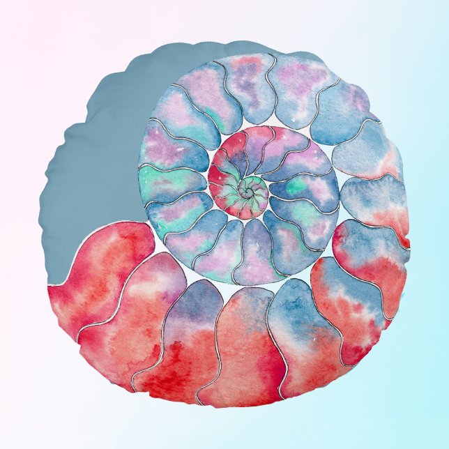 Blue Red Gray Nautilus on Deep Aqua Background Round Pillow (Creator Uploaded)