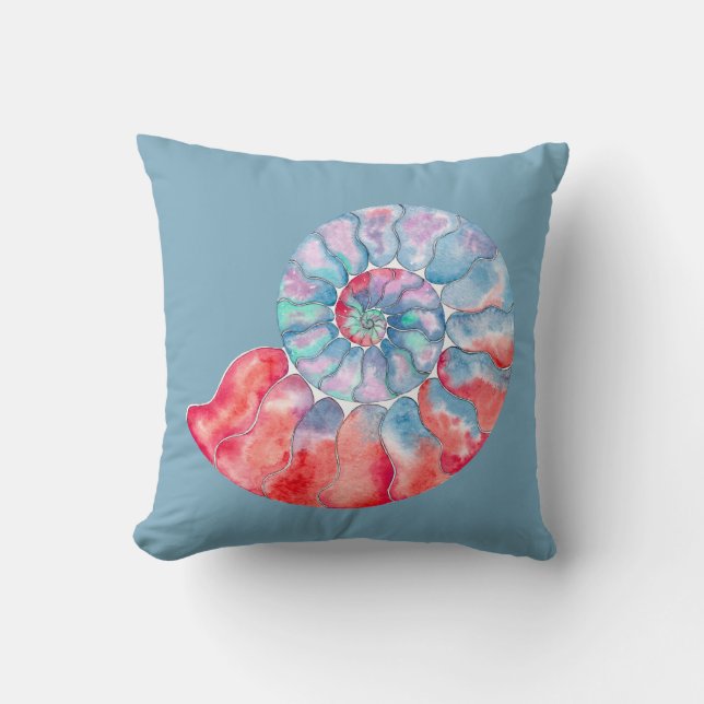 Blue Red Gray Nautilus on Dusky Blue Throw Pillow (Front)