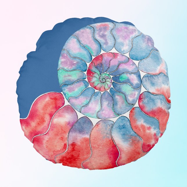 Blue Red Gray Nautilus on Dusty Blue Round Pillow (Creator Uploaded)