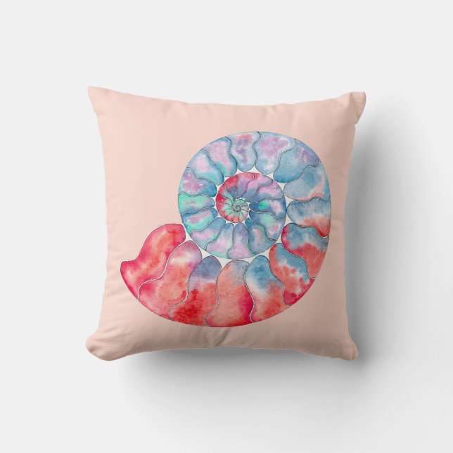 Blue Red Gray Nautilus on Light Peach Throw Pillow (Front)
