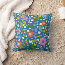 Blue, Red Green and Lavender Floral Throw Pillow