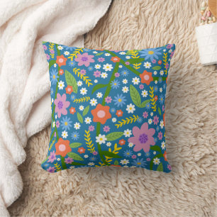 Blue, Red Green and Lavender Floral Throw Pillow