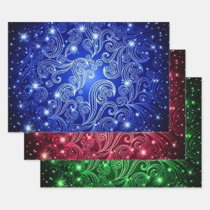 Blue Red & Green Celestial Swirls Pattern Wrapping Paper Sheets
