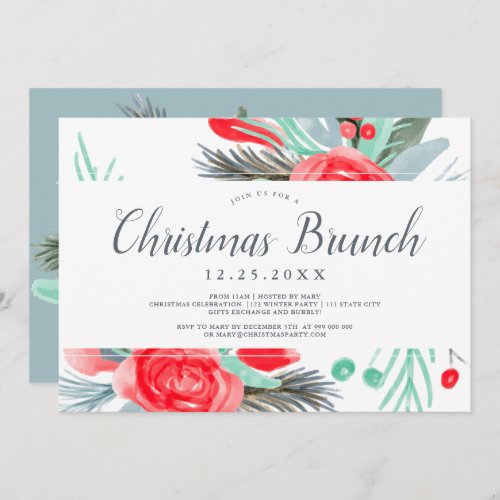 Blue red green floral watercolor Christmas brunch Invitation
