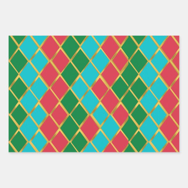 Blue Red Green Gold Diamond pattern Wrapping Paper Sheets (Front)