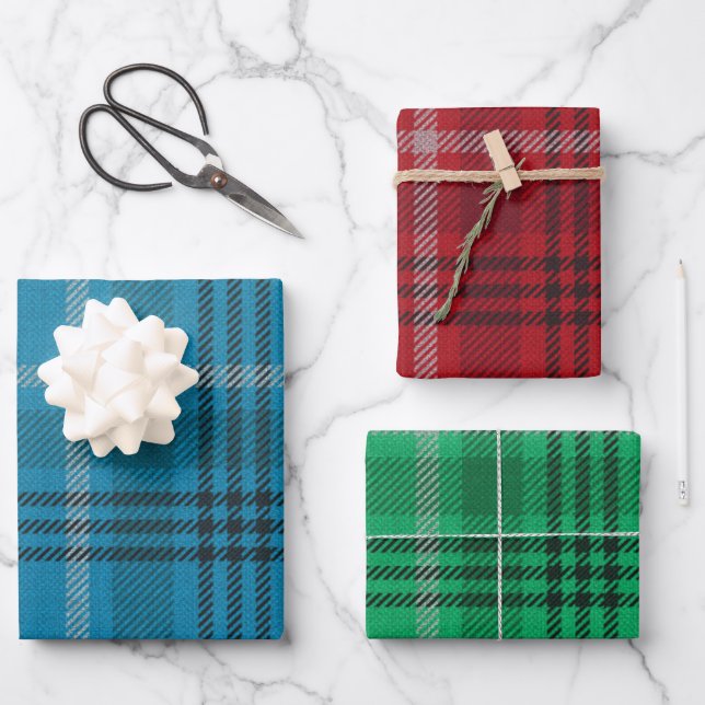 Blue, Red, Green Plaid Wrapping Paper Sheets (Front)
