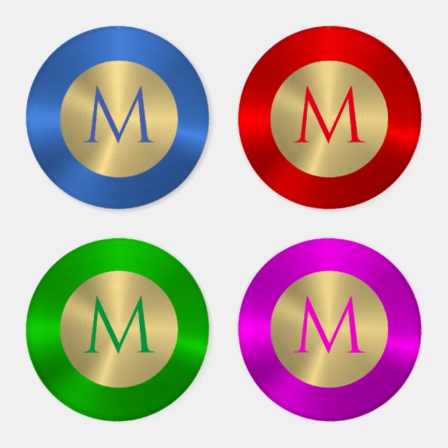 Blue, red, green purple faux metal gold monogram coaster set (Set)
