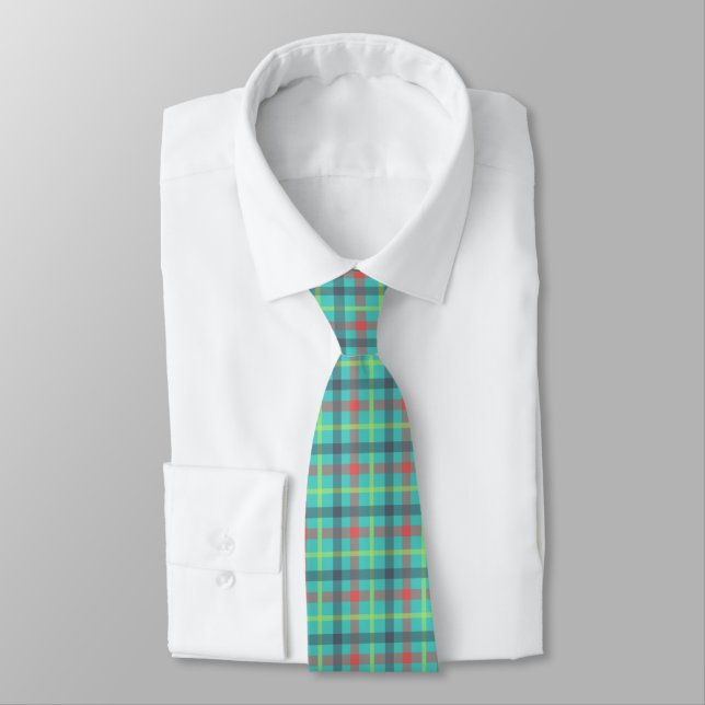Blue Red Green Teal Tartan Plaid Classic Men's Neck Tie (Tied)