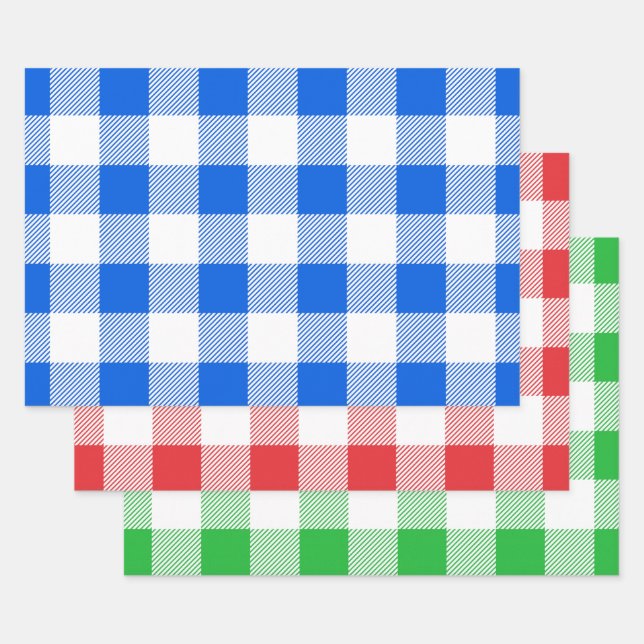 Blue Red & Green / White Buffalo Plaid Pattern Wrapping Paper Sheets (Set)