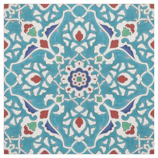 Blue Red Green White Portuguese Azulejo Pattern Fabric