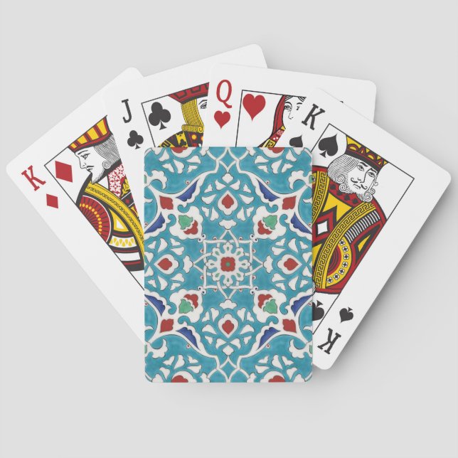 Blue Red Green White Portuguese Azulejo Pattern Poker Cards (Back)