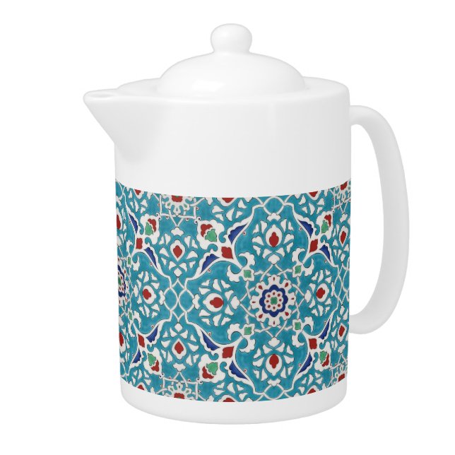 Blue Red Green White Portuguese Azulejo Pattern Teapot (Right)