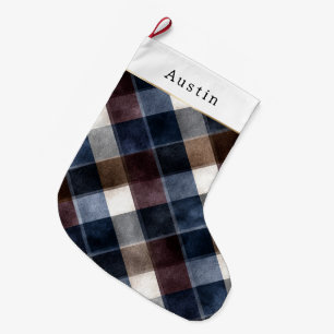 Blue Red Grey White Squares Large Christmas Stocking