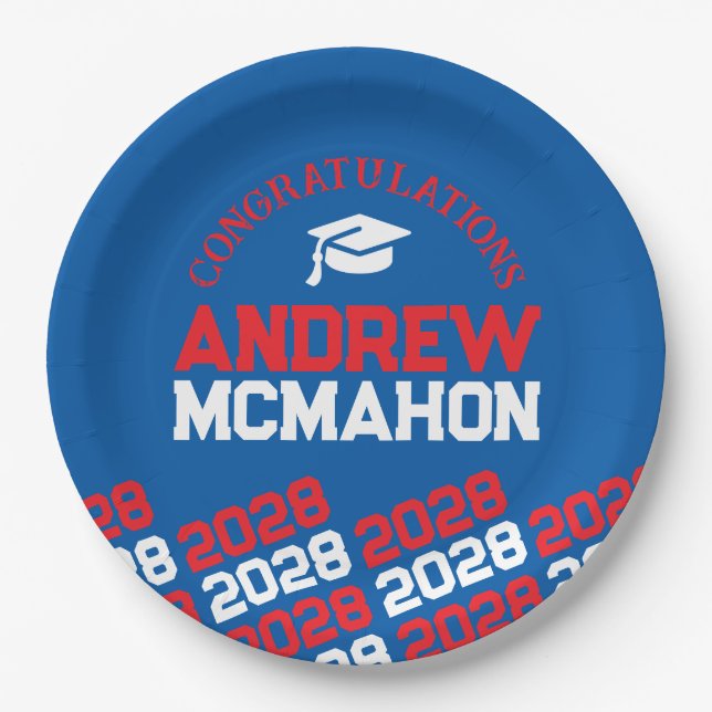 Blue & Red Half Repeat Grad Personalized Paper Plates (Front)