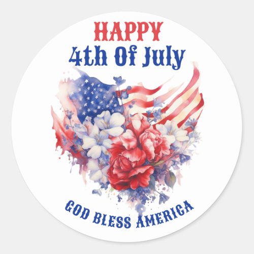 Blue Red Happy 4th of July watercolor Classic Round Sticker