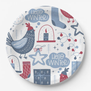 Blue Red Hello Winter Folk Art Chicken Paper Plate