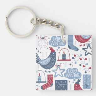 Blue Red Hello Winter Folk Art Chicken Pattern Keychain