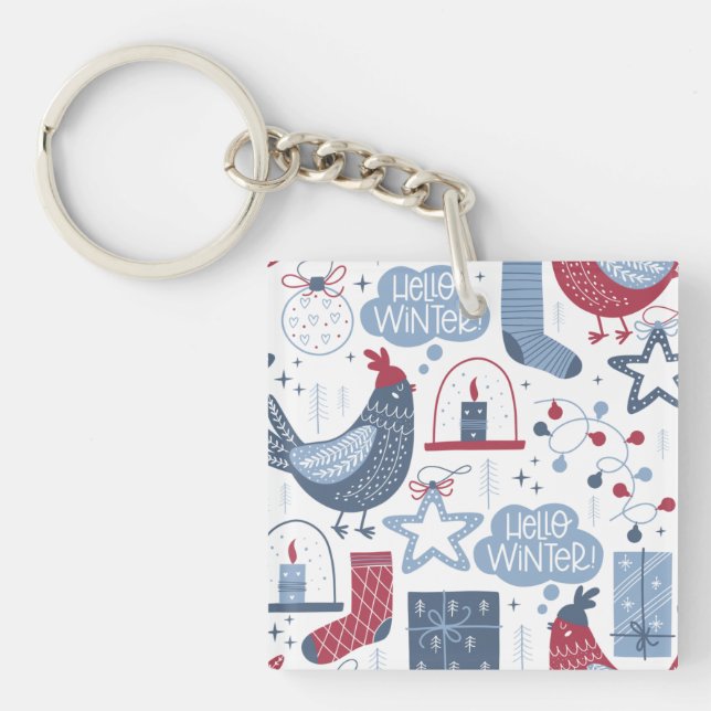 Blue Red Hello Winter Folk Art Chicken Pattern Keychain (Front)