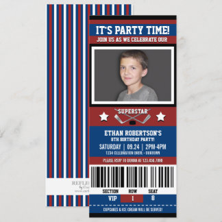Blue/Red Hockey Ticket Birthday Party Invitation