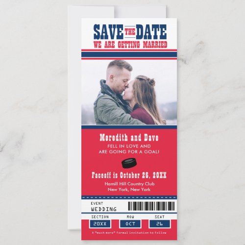 Blue Red Hockey Ticket Wedding Save the Date